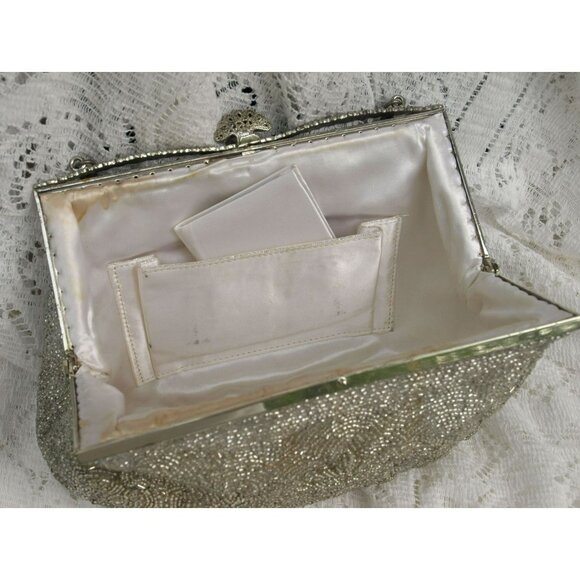 Antique Beaded Purse Heavily Beaded with Silvered Mercury Glass Beads Silver - Picture 3 of 12